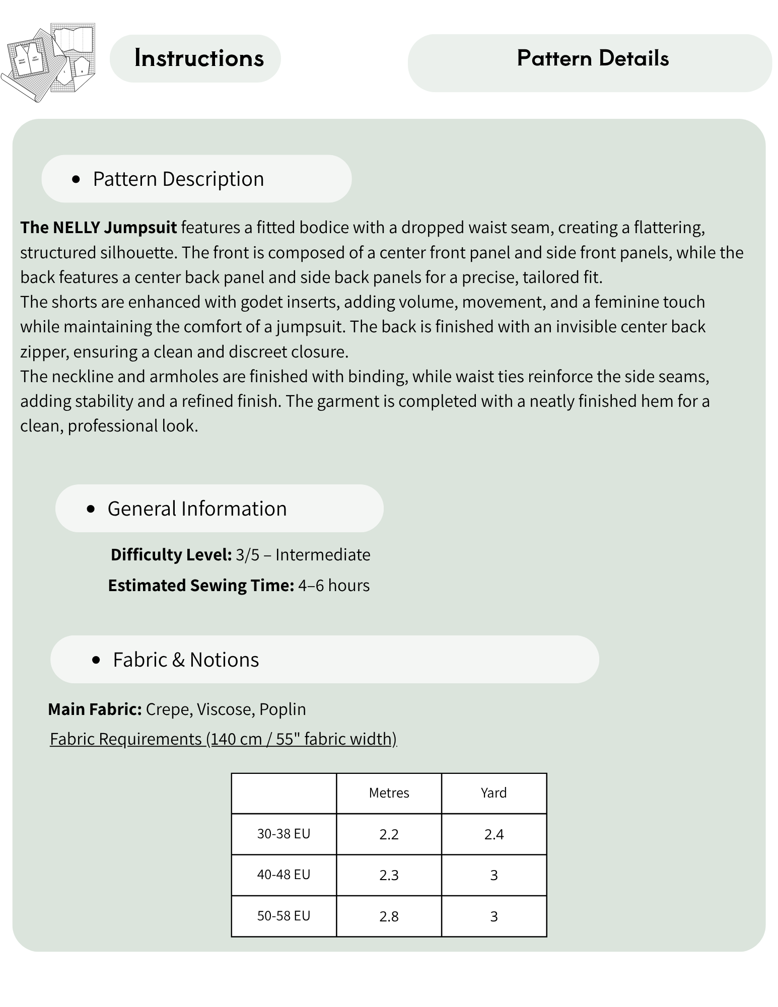 A sewing pattern information sheet for the Nelly Jumpsuit, showing pattern details, general information, and fabric requirements in a clean, structured layout.