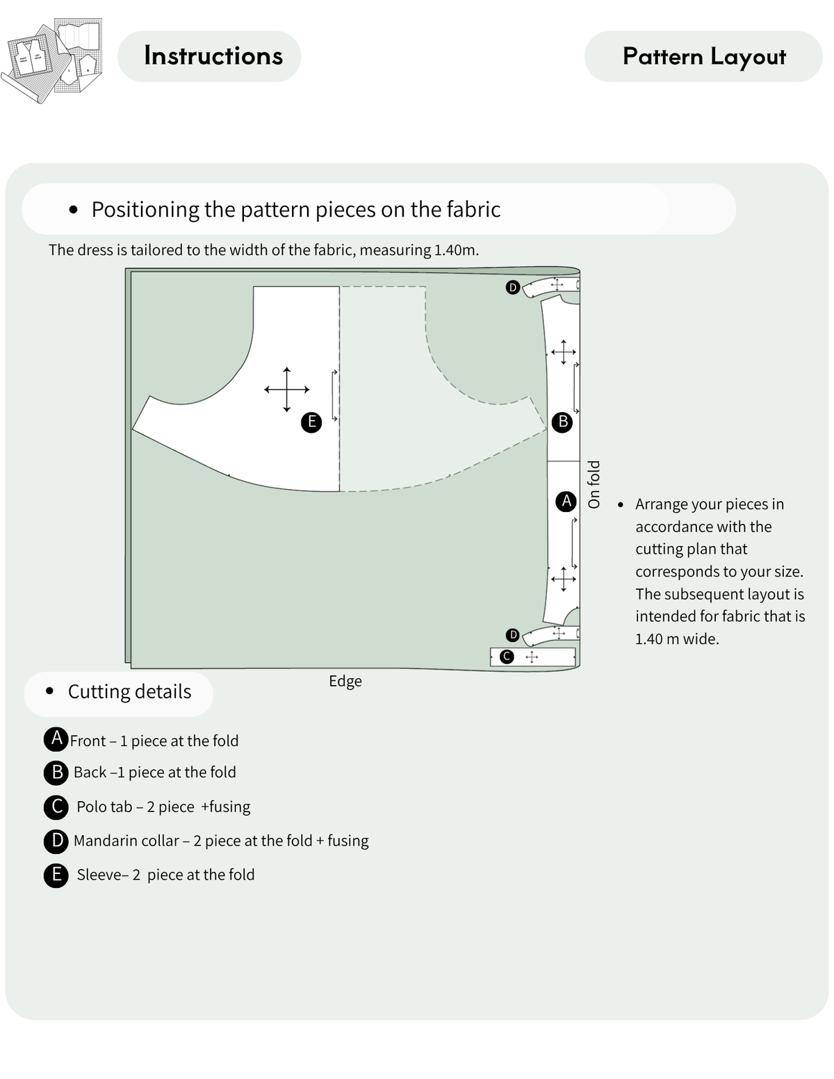 KAYLA blouse sewing pattern cutting layout for 140 cm wide fabric, showing the 
front, back, sleeve, mandarin collar and polo tab pattern pieces with cutting and 
fold placement.