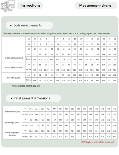 KAYLA blouse sewing pattern size chart showing 15 sizes from EU 30 to EU 58, 
with US and UK equivalents, chest, waist and hip measurements in centimeters 
and inches, plus finished garment measurements.