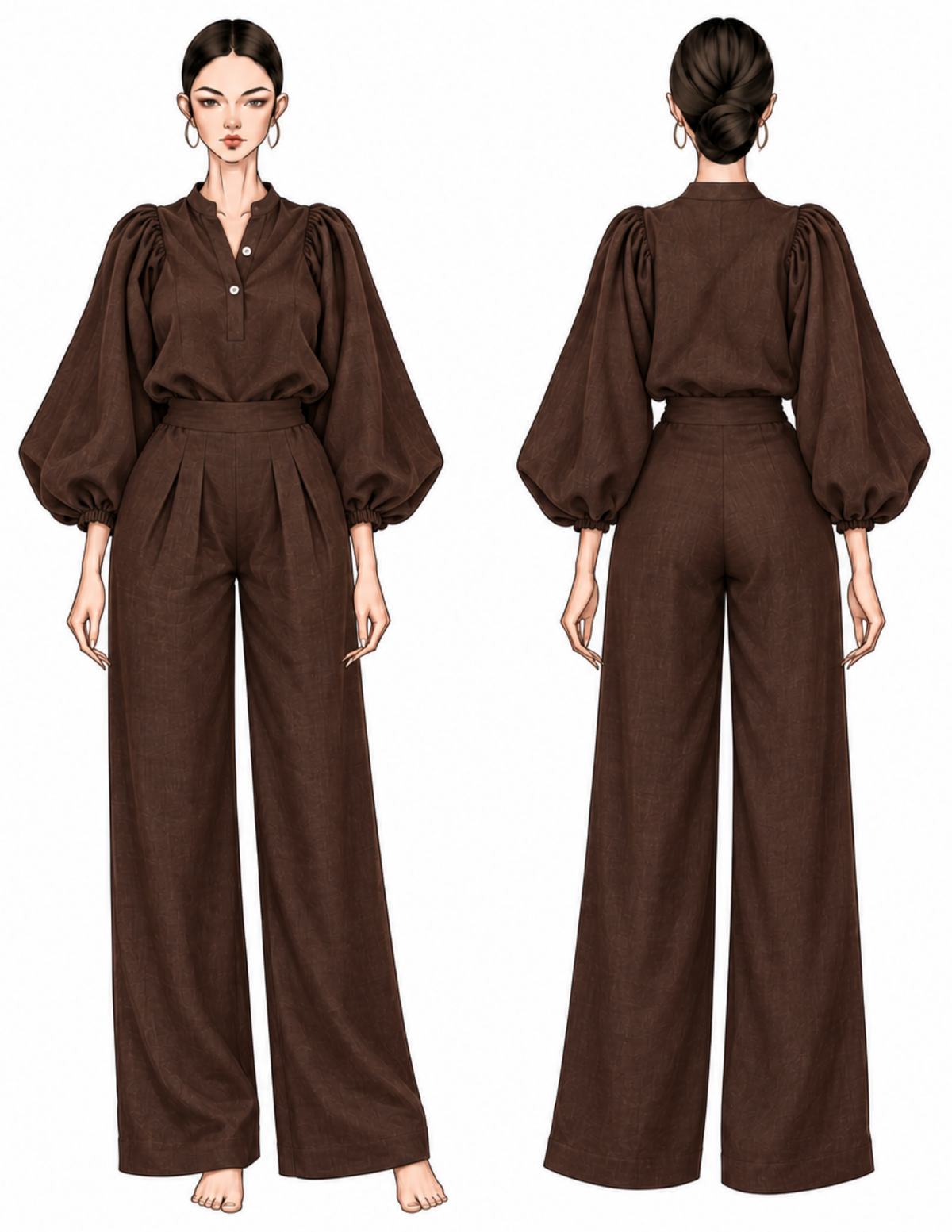 Technical front and back illustrations of the KAYLA blouse showing the puffed 
sleeves, gathered shoulders, mandarin collar, polo tab, elastic sleeve cuffs and 
overall blouse silhouette.