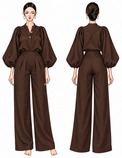 Technical front and back illustrations of the KAYLA blouse showing the puffed 
sleeves, gathered shoulders, mandarin collar, polo tab, elastic sleeve cuffs and 
overall blouse silhouette.