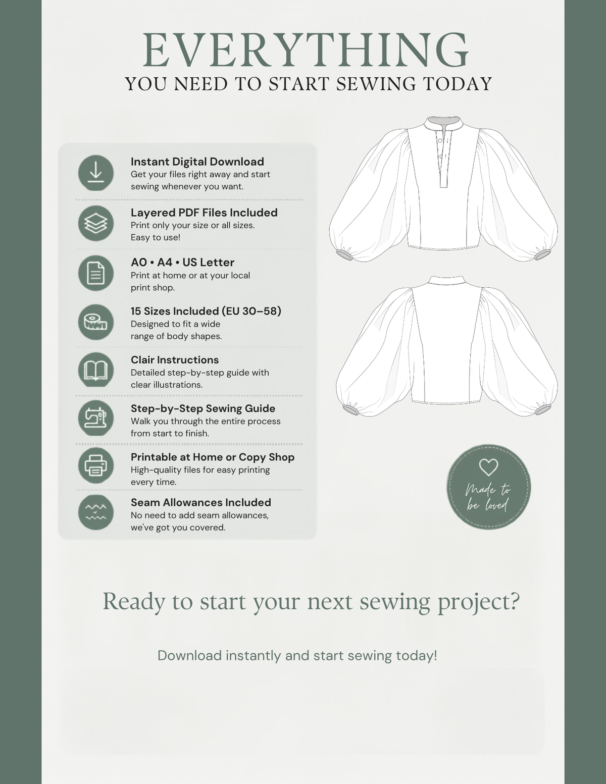 KAYLA digital sewing pattern features including instant download, layered PDF 
files, A0, A4 and US Letter formats, 15 EU sizes, illustrated sewing instructions 
and included seam allowances.