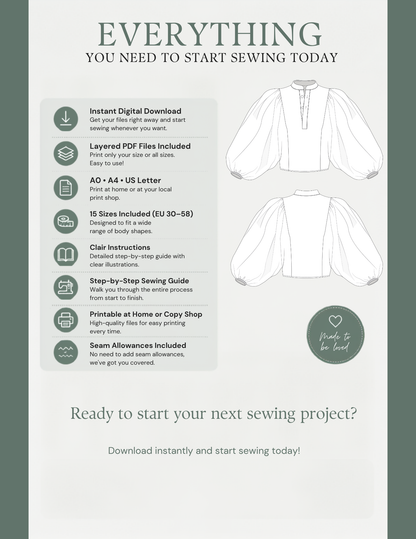 KAYLA digital sewing pattern features including instant download, layered PDF 
files, A0, A4 and US Letter formats, 15 EU sizes, illustrated sewing instructions 
and included seam allowances.