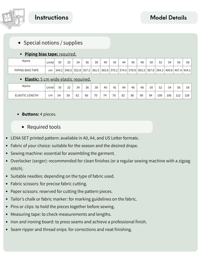 A light sage green instruction sheet titled 'Instructions' and 'Model Details' with tables and bullet points listing materials, tools, and measurements for garment assembly.