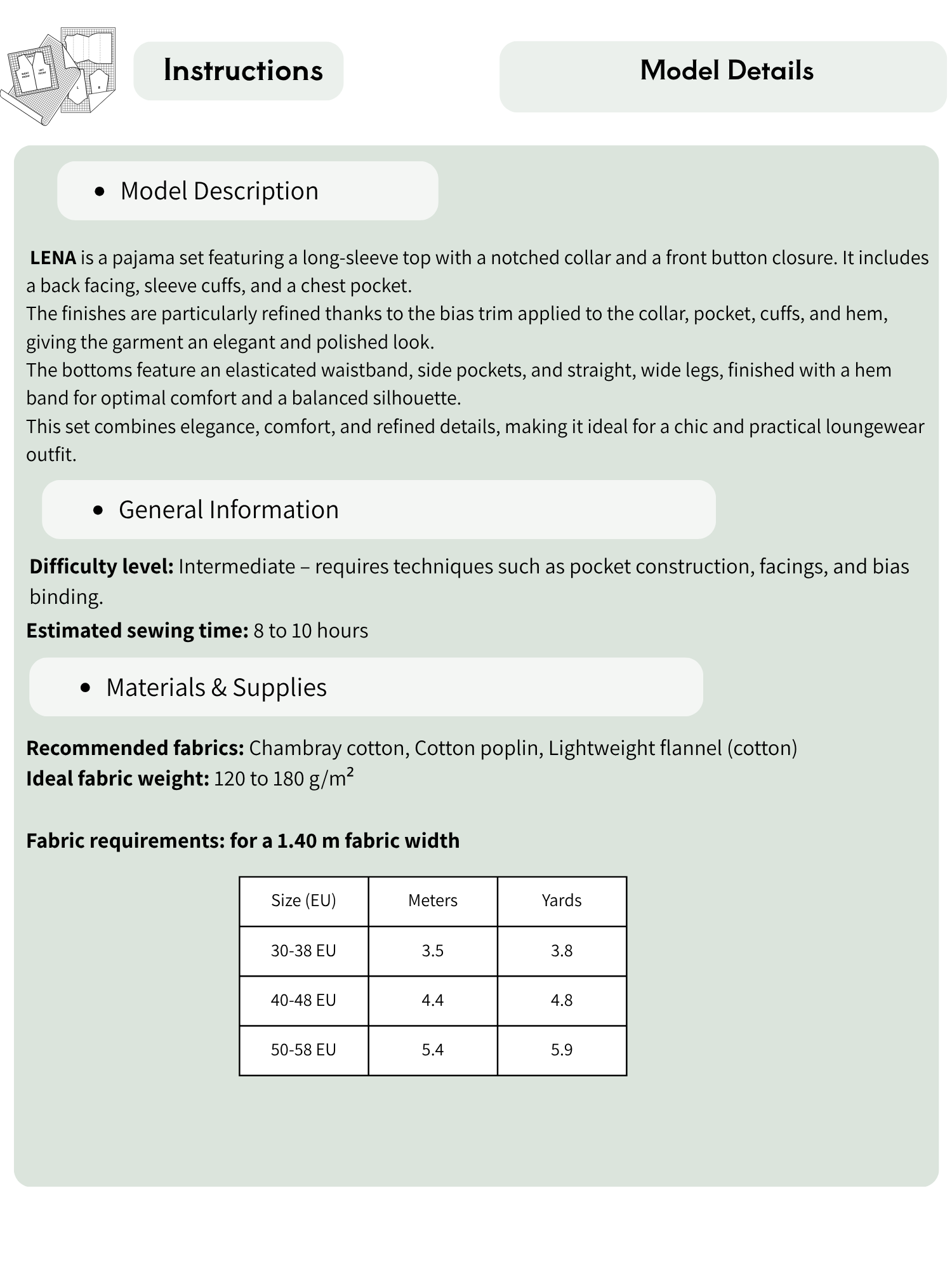 A digital page showing instructions and model details for a LEMA pajama set. The page features a model description, general information, estimated sewing time, recommended fabrics, and a size chart table listing sizes EU 30-56 in meters and yards.