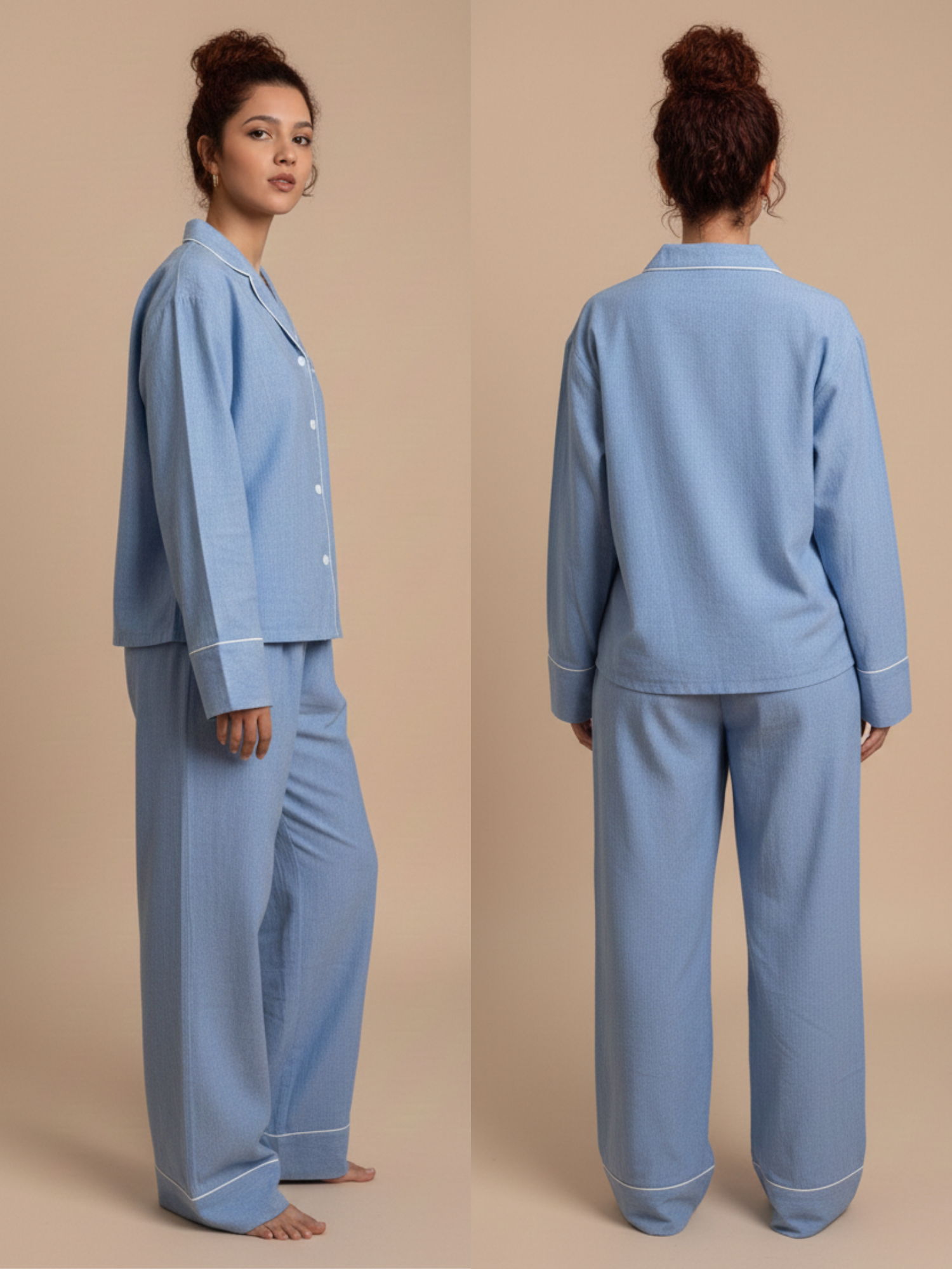 A woman modeling a light blue pajama set, shown from both the front and back views against a solid beige studio background.