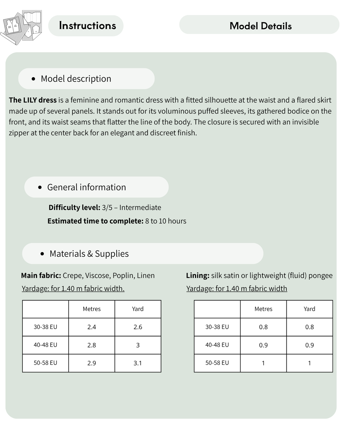 A light gray informational graphic with tabs reading 'Instructions' and 'Model Details', plus text describing the LILY dress and two tables listing fabric yardage requirements for main fabric and lining.