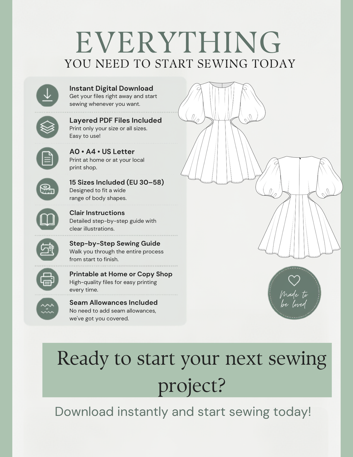 Promotional graphic for a digital sewing pattern download, featuring line drawings of a tiered A-line dress, a bodice, and skirt, alongside a list of included features such as instant digital download, layered PDF files, and a step-by-step sewing guide.