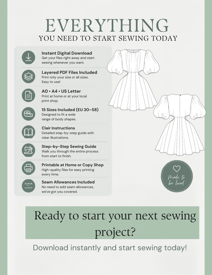 Promotional graphic for a digital sewing pattern download, featuring line drawings of a tiered A-line dress, a bodice, and skirt, alongside a list of included features such as instant digital download, layered PDF files, and a step-by-step sewing guide.