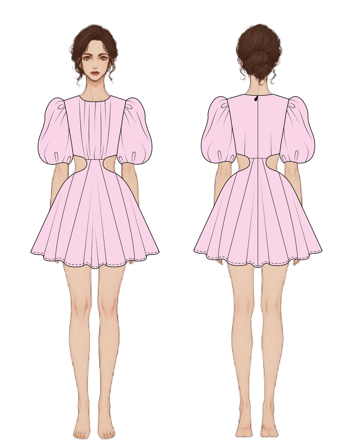 A fashion illustration showing a short pink dress from the front and back. The dress has puffed short sleeves, side cutouts, and a flared skirt.