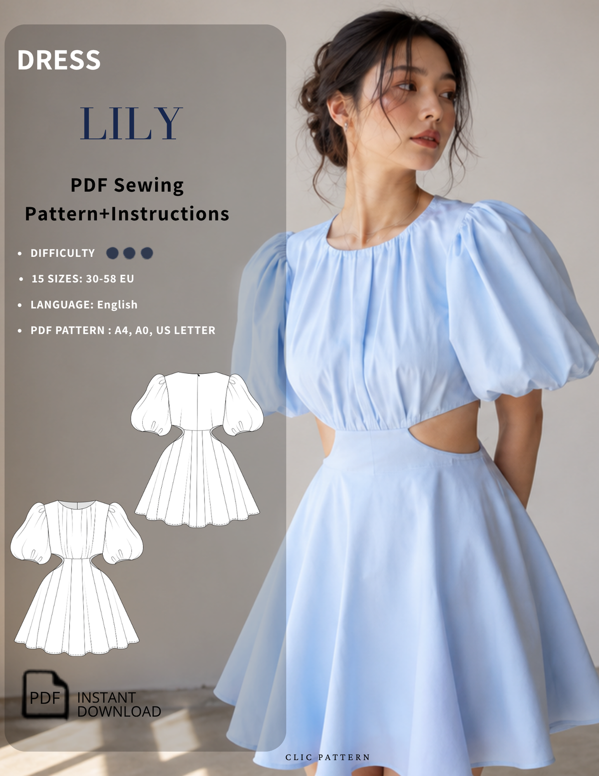 Promotional graphic for the 'Dress Lily' PDF sewing pattern, showing a model wearing a light blue puff-sleeve dress with a side cutout, alongside white line-art sketches of the dress and text detailing the pattern's specifications.
