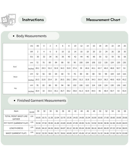 A measurement chart with two tables: one for body measurements (US, UK, EU, and IN sizes) and one for finished garment measurements, under the headings 'Instructions' and 'Measurement Chart'.