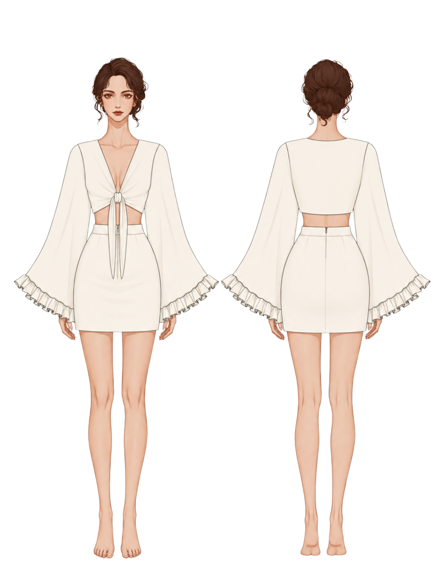 Front and back views of a cream-colored two-piece outfit featuring a short wrap dress with dramatic bell sleeves and ruffled cuffs, shown on a clean white background.