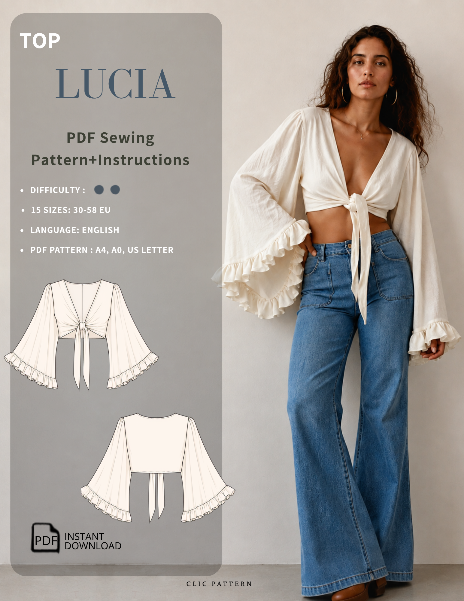 Promotional graphic for a PDF sewing pattern of a cream ruffled tie-front crop top. The left panel contains the text 'TOP LUCIA PDF SEWING PATTERN+Instructions' with difficulty, sizes, language, and PDF format, plus two line drawings of the top.