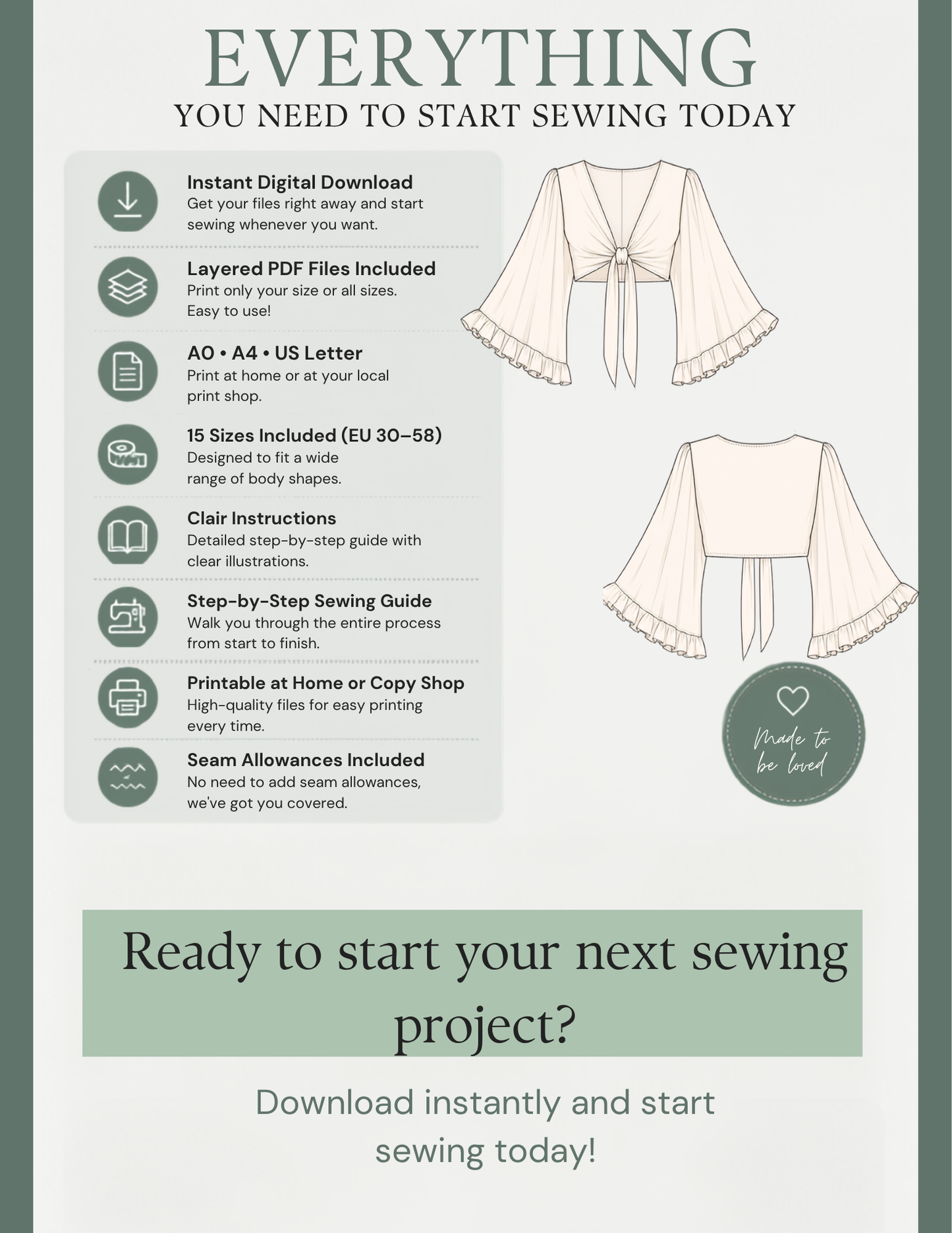 Promotional infographic for a sewing digital download bundle, featuring text listing included files and features alongside illustrations of cream-colored ruffled blouse tops. The design uses a sage green and white color scheme with icons indicating instant digital download, layered PDF files, AD-AD letter size options, clear instructions, step-by-step sewing guide, printable format, and seam allowances.