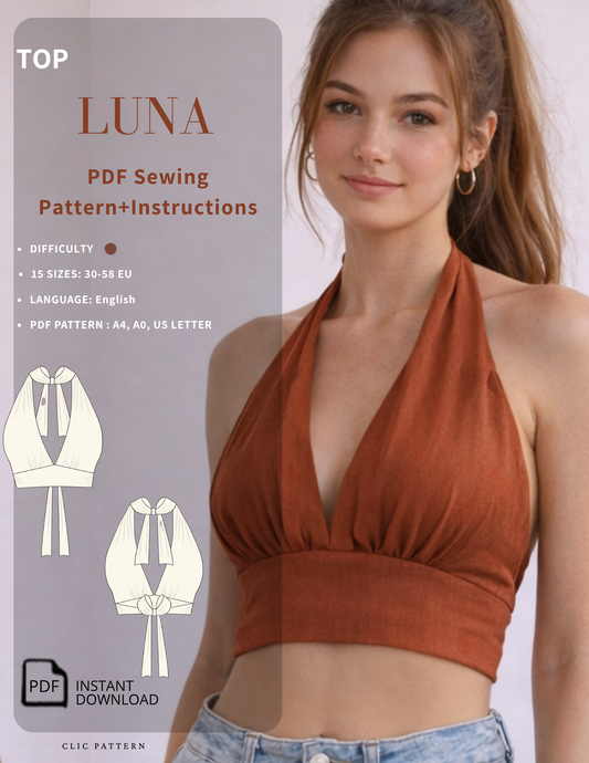 LUNA halter top PDF sewing pattern with deep V-neck, gathered bust and open tie back