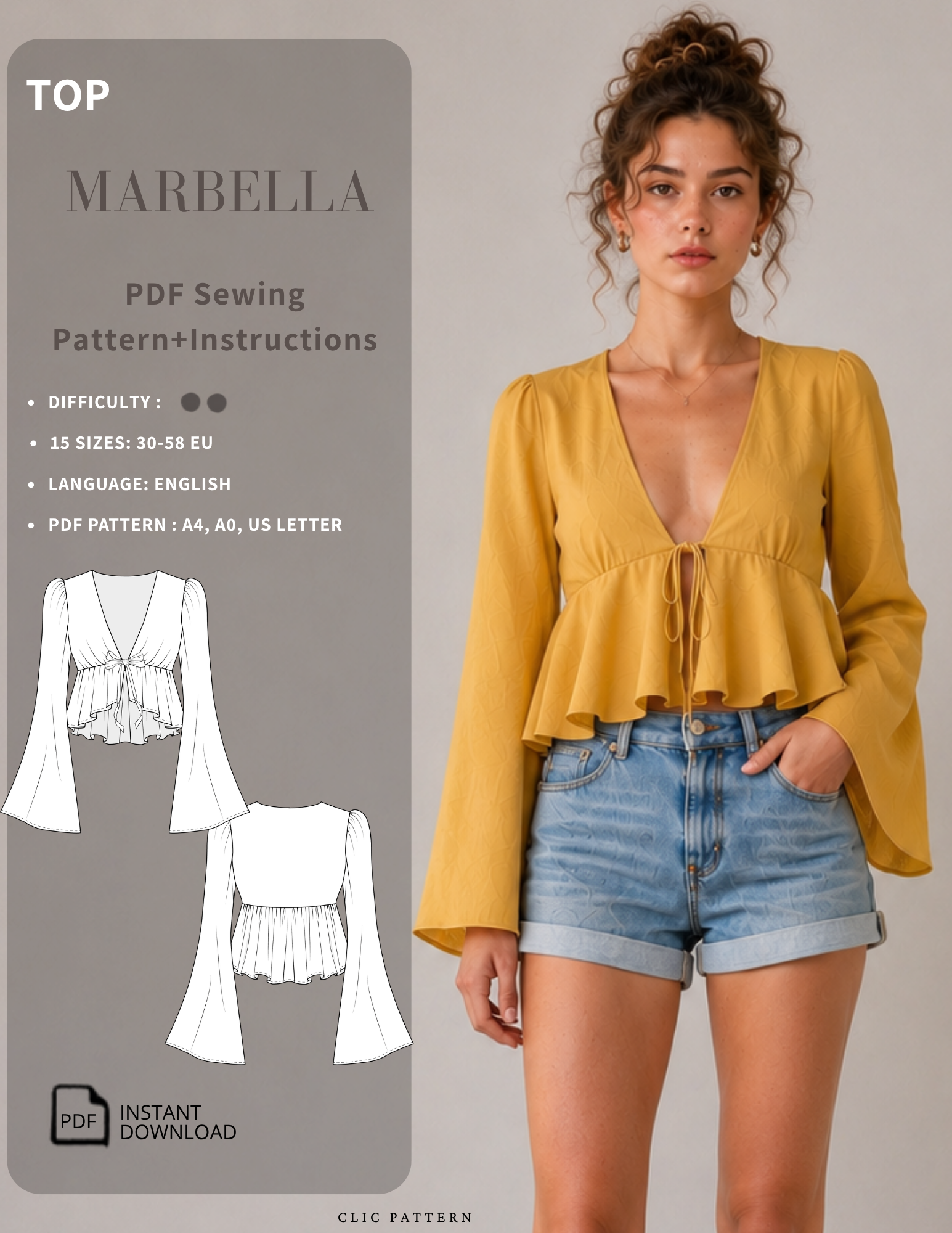 A model wears a mustard yellow long-sleeve tie-front blouse with a ruffled hem, paired with denim shorts, against a light gray studio background. The left side features a gray panel with text reading 'TOP MARBELLA PDF Sewing Pattern+Instructions' and white sewing pattern sketches, indicating this is a sewing pattern listing rather than a straightforward apparel product photo.