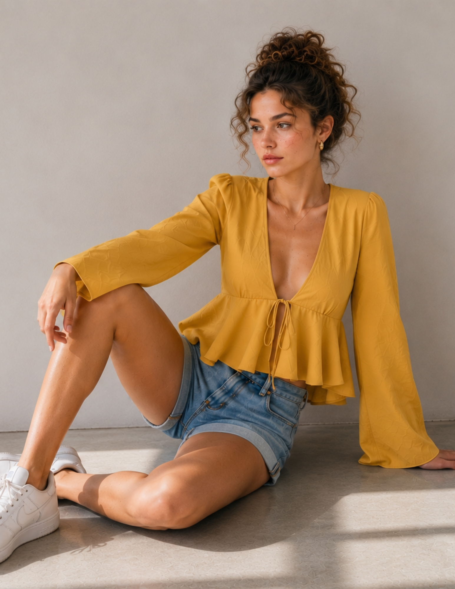 A woman sits on a concrete floor against a neutral gray wall, wearing a mustard yellow long-sleeve top with a deep V-neck and ruffled hem, paired with denim shorts and white sneakers.