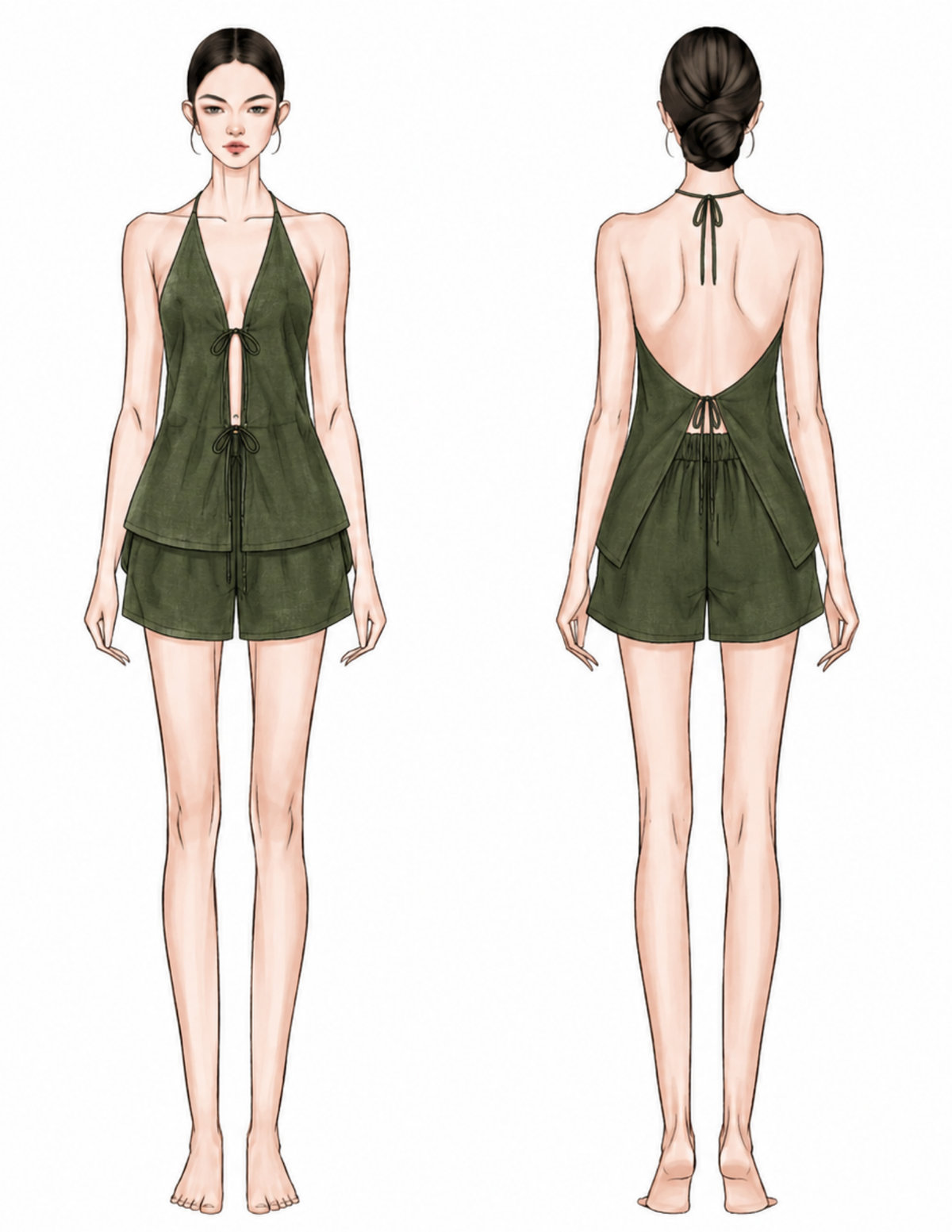 Maris Set front and back sewing pattern illustration showing the halter top, open back and shorts design