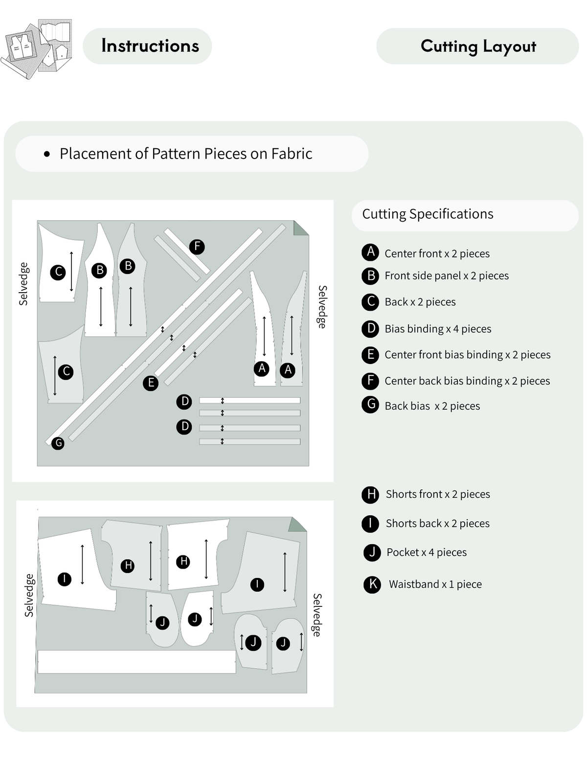 Maris Set PDF sewing pattern cutting layout showing pattern pieces for the halter top, shorts, pockets, bindings and waistband