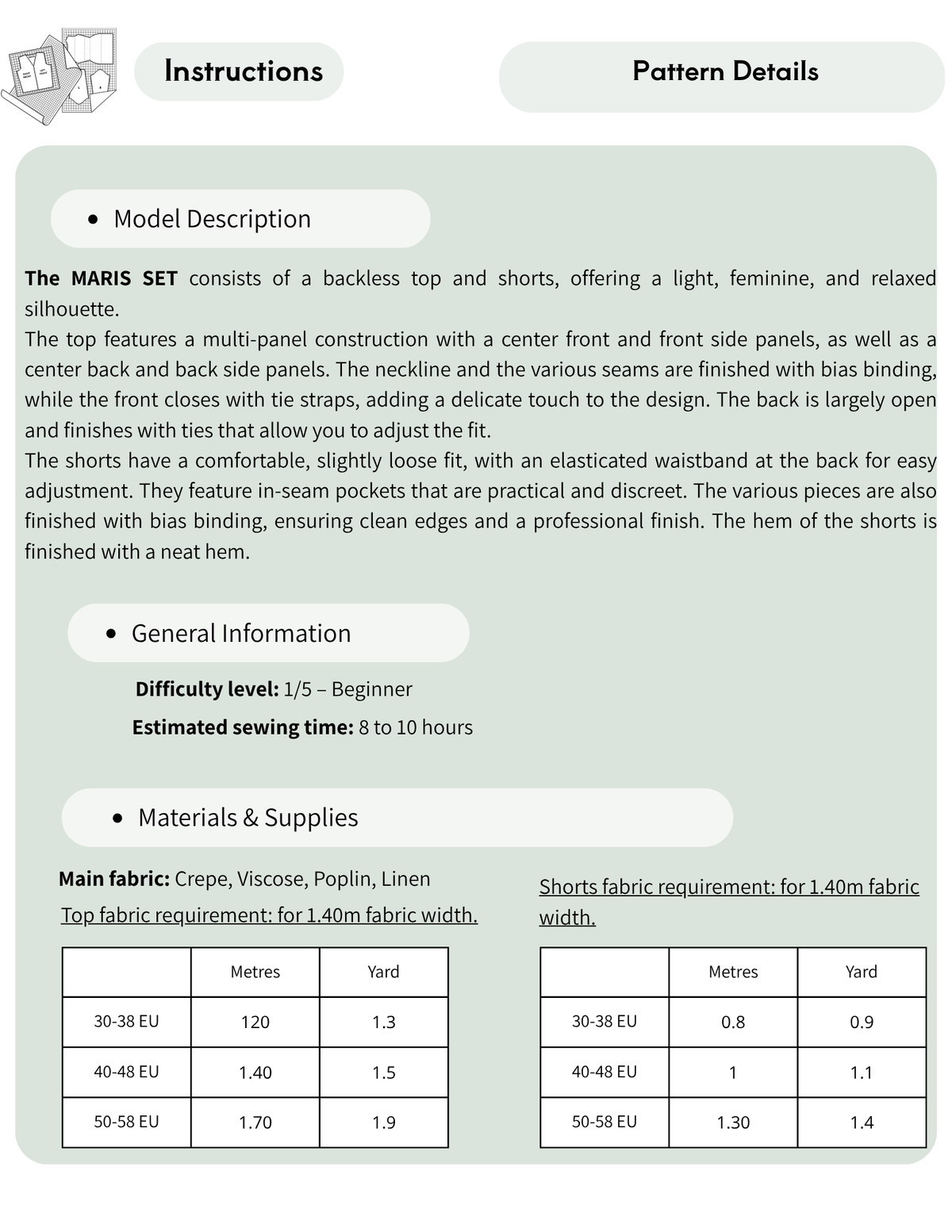 Maris Set PDF sewing pattern details with beginner diffi culty, fabric requirements and sewing information for the halter top and shorts