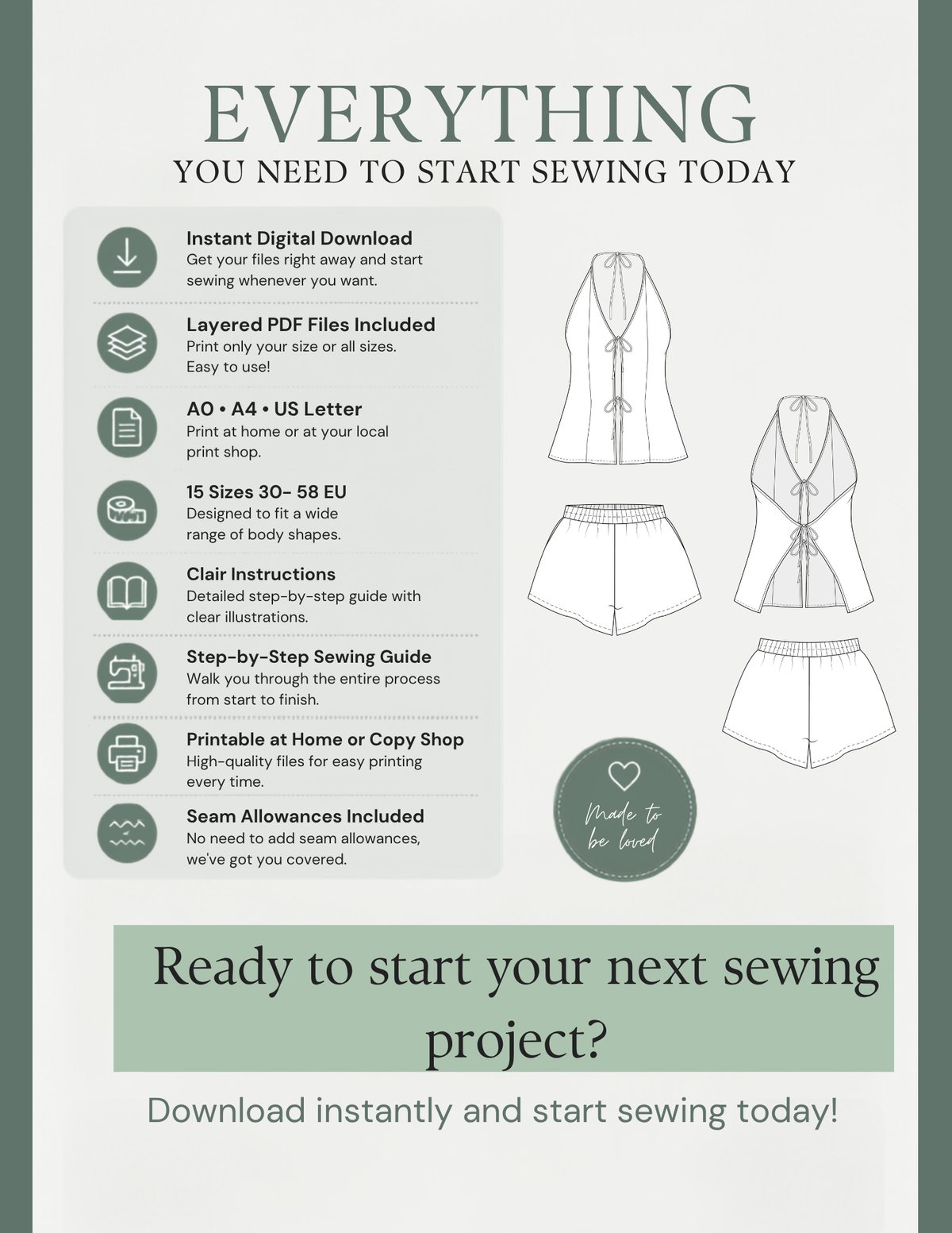 Maris Set instant download sewing pattern PDF with layered fi les, A0, A4 and US Letter formats, 15 sizes and step-by-step instructions