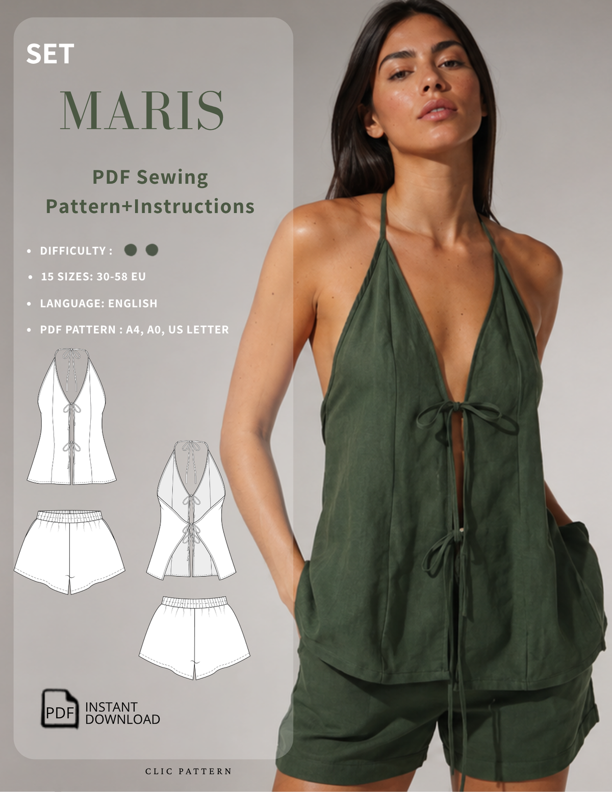 Maris Set sewing pattern PDF featuring a women's halter top and shorts, backless summer sewing set, 15 sizes EU 30–58