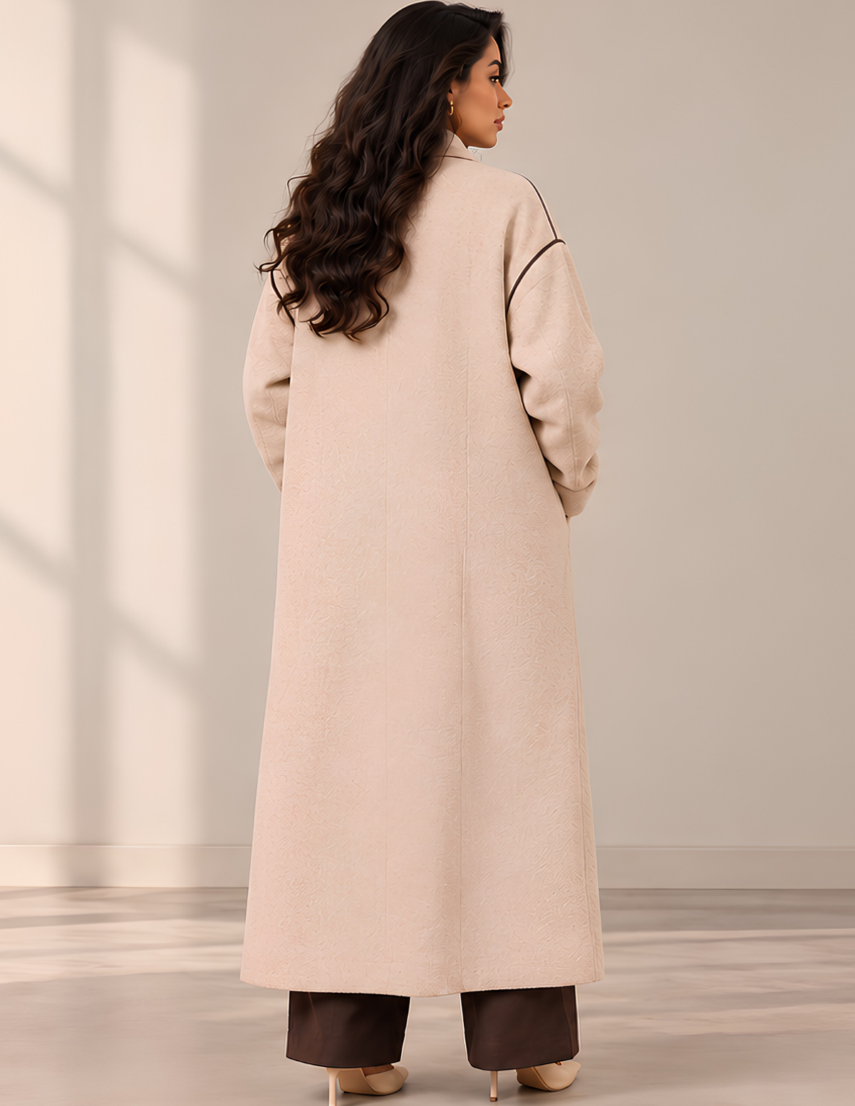 Back view of the Marlie women's long 
coat sewing pattern, showing the clean 
back silhouette, dropped shoulders, long 
sleeves and midi-length coat design