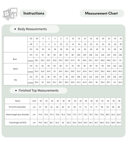 Melani hoodie sewing pattern size 
chart showing body measurements 
and finished garment measurements 
for 15 sizes from EU 30 to EU 58, 
including bust, waist, hip, sleeve and 
garment length measurements.
