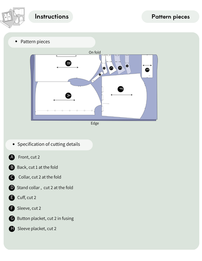 MIA Blouse PDF sewing pattern cutting layout with front, back, collar, cuffs and sleeve pieces