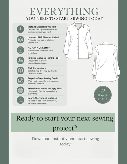 MIA Blouse PDF sewing pattern features with instant download, layered files and 15 sizes