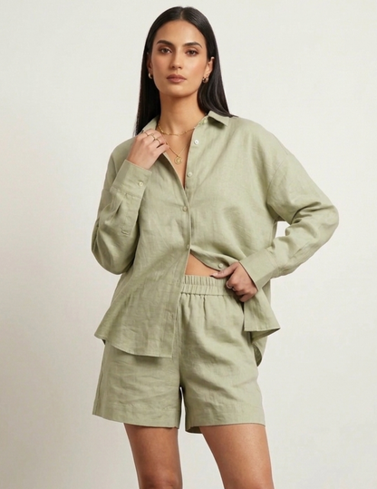 MIA Blouse PDF sewing pattern shown in a relaxed fit with classic collar and long sleeves
