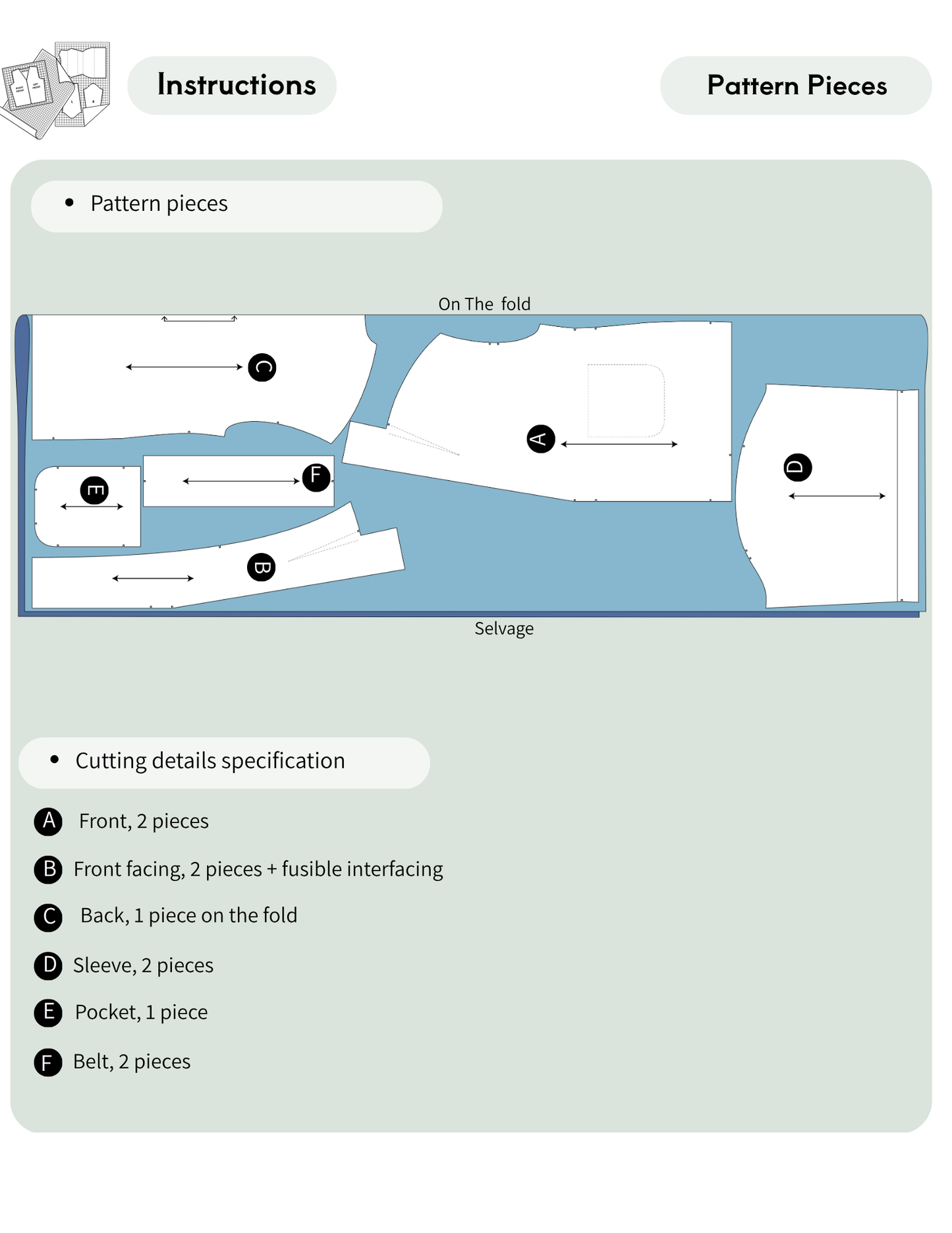 MILDA PDF coat pattern cutting layout showing front, front facing, back, sleeve, pocket, and belt pattern pieces arranged on the fabric fold.