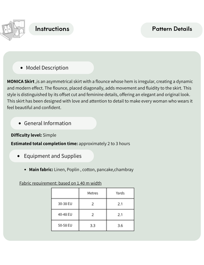 Instruction sheet detailing the 'Monica Skirt' pattern, featuring a model description, general information, equipment list, and a fabric requirement table with conversions from EU to Yards.