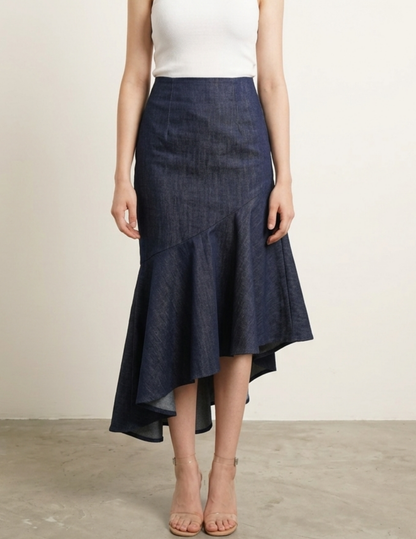 Monica Skirt Sewing Pattern PDF shown from the front with high waist and asymmetrical ruffle hem