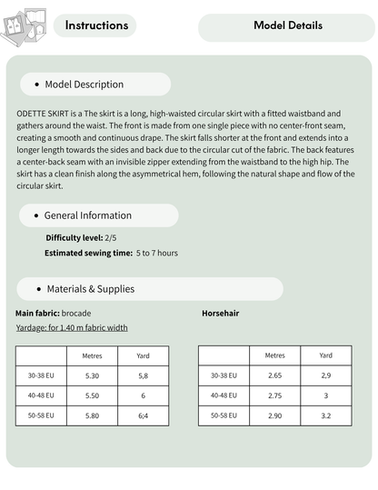 ODETTE skirt pattern information page detailing the high-waisted circular design, diffi culty level 2 out of 5, estimated sewing time, and suggested brocade fabric.