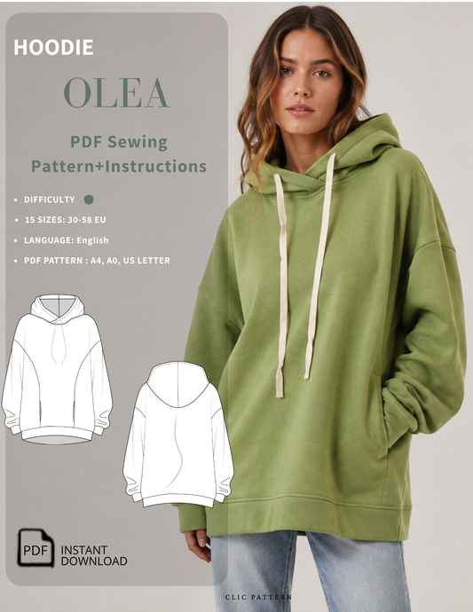 OLEA women's oversized 
hoodie sewing pattern PDF 
shown on a model with front 
and back pattern 
illustrations, hood, 
drawstring, long sleeves and 
cuffs