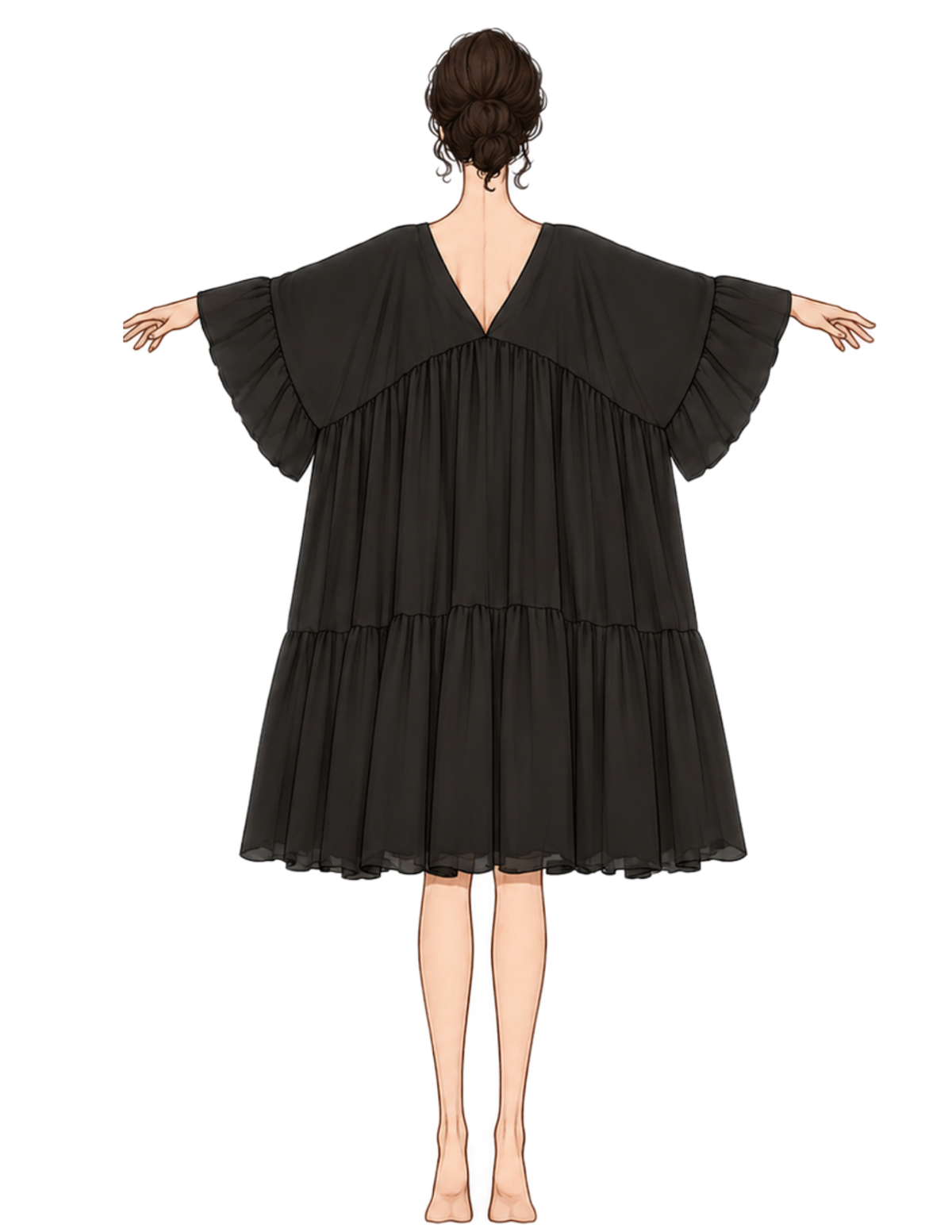 A fashion illustration of a woman from the back wearing a black tiered dress with wide ruffled sleeves, shown against a plain white background.