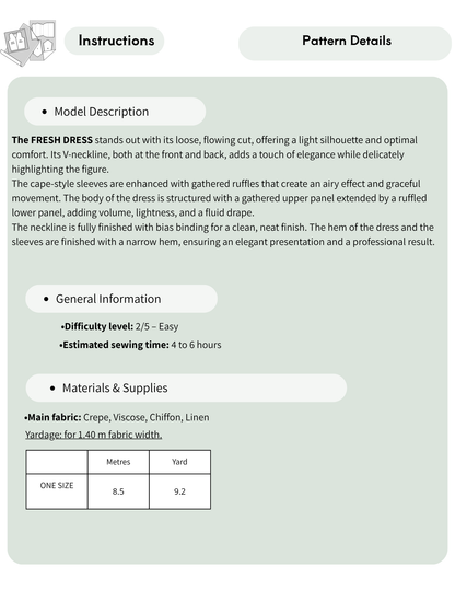 A flat infographic detailing the construction and specifications of a 'Fresh Dress' V-neckline pattern. The layout features a light gray and white color scheme with black text, outlining the model description, general information, materials, and a sizing table at the bottom.