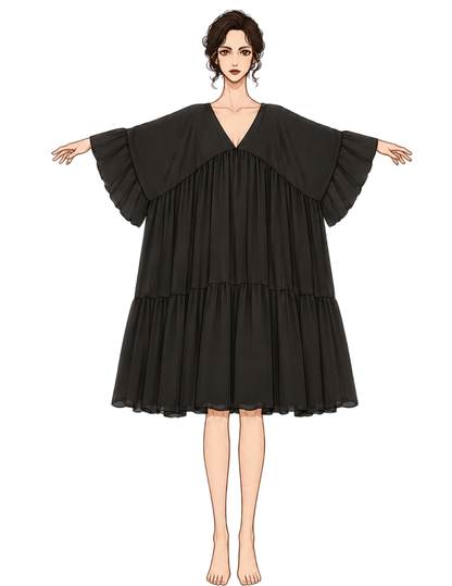 A black tiered dress with wide, ruffled cape-like sleeves and a V-neckline, shown on a stylized illustrated female model against a plain white background.