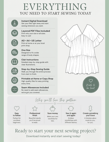 A promotional graphic for a sewing pattern listing, titled 'EVERYTHING YOU NEED TO START SEWING TODAY.' The design has a sage green and white layout with text callouts about instant digital download, layered PDF files, AO and US letter sizes, clear instructions, step-by-step guide, printable format, and seam allowances.
