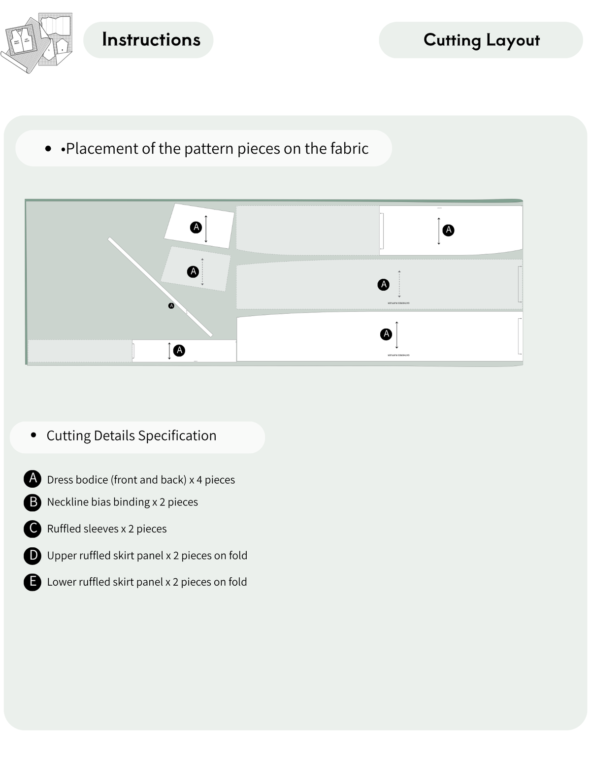 A light gray instructions sheet showing a cutting layout diagram with labeled pattern pieces and a list of cutting details specifications.