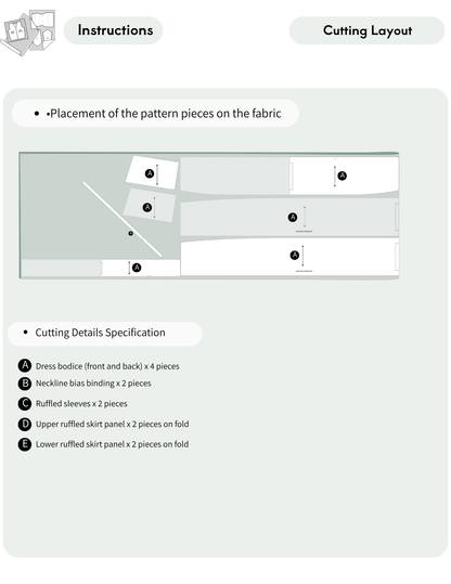 A light gray instructions sheet showing a cutting layout diagram with labeled pattern pieces and a list of cutting details specifications.