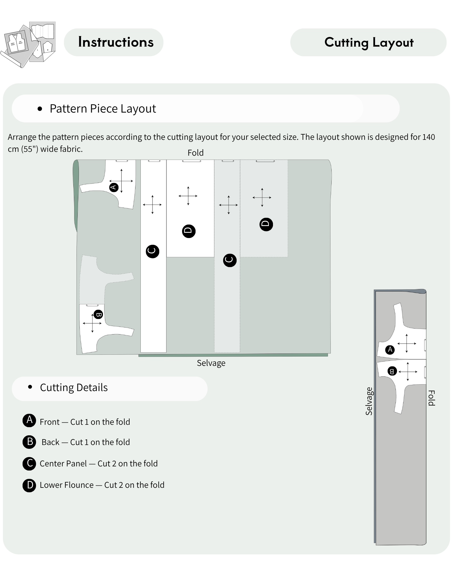 A cutting layout instruction sheet showing a fabric pattern piece arrangement with fold markings, a main layout diagram, and a smaller side view, labeled as instructions and cutting layout.