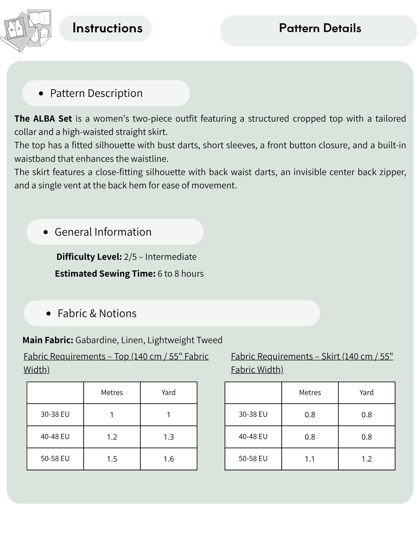 A digital pattern details sheet for the ALBA Set, showing instructions, pattern description, and fabric requirements tables in a clean, light green and white layout.