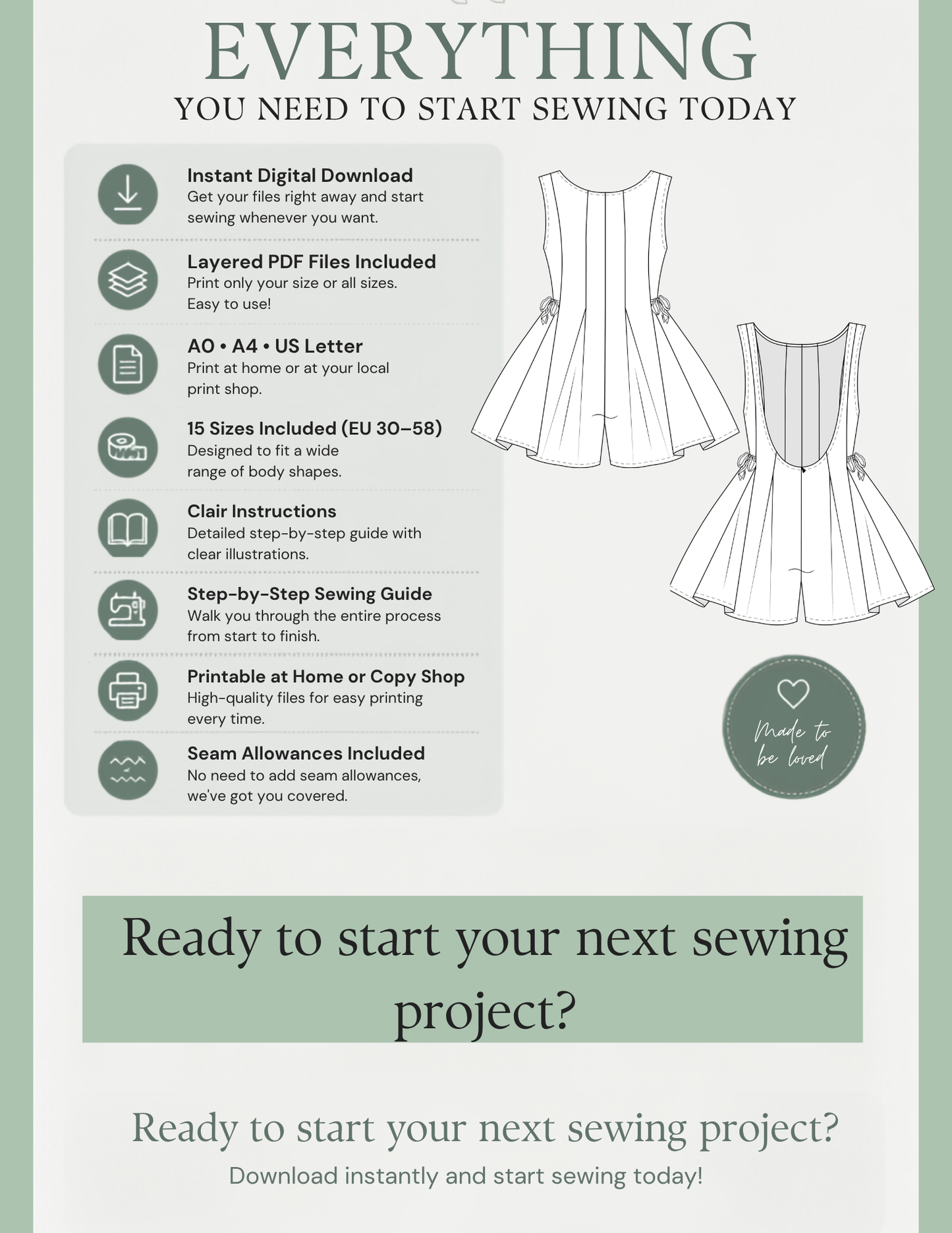 Promotional graphic for a sewing pattern bundle, featuring line drawings of sleeveless A-line dresses on a pale green background with text detailing included digital files, paper sizes, instructions, and printing options.