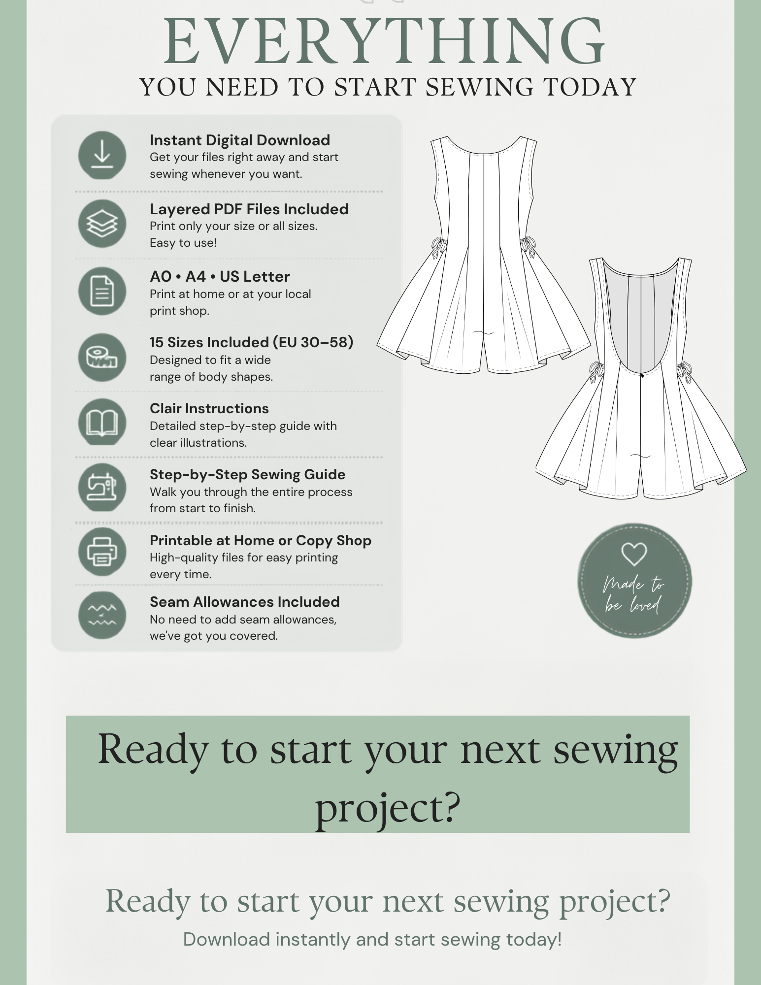 Promotional graphic for a sewing pattern bundle, featuring line drawings of sleeveless A-line dresses on a pale green background with text detailing included digital files, paper sizes, instructions, and printing options.