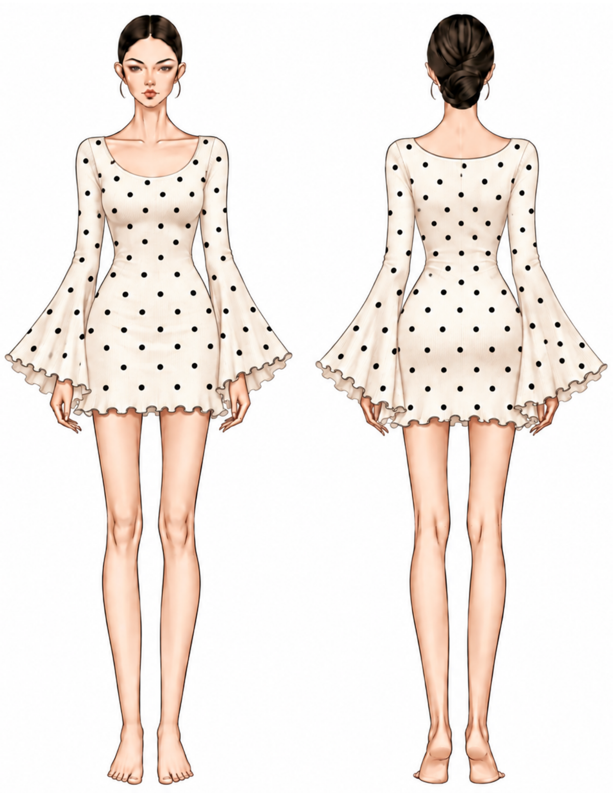 Perla mini dress sewing pattern front and back technical illustrations with fl ared sleeves