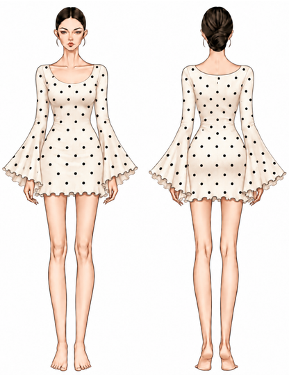 Perla mini dress sewing pattern front and back technical illustrations with fl ared sleeves