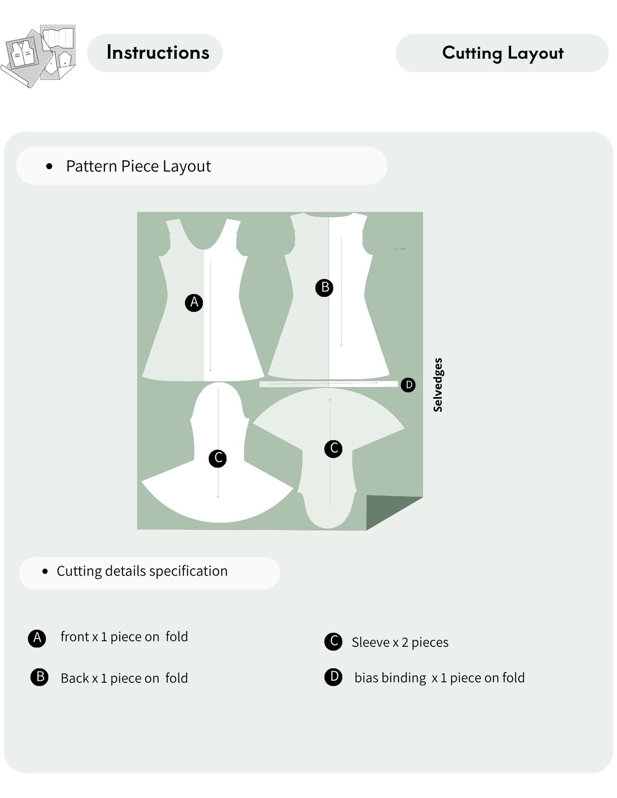 Perla mini dress sewing pattern cutting layout with front, back, sleeves and bias binding pieces